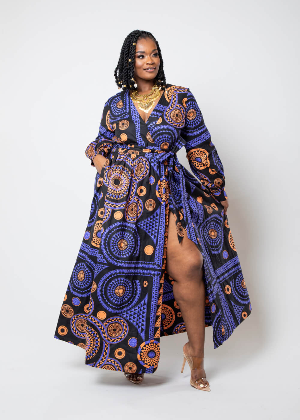 Rehema African Print Faux Wrap Maxi Dress Purple Mandala – D'IYANU